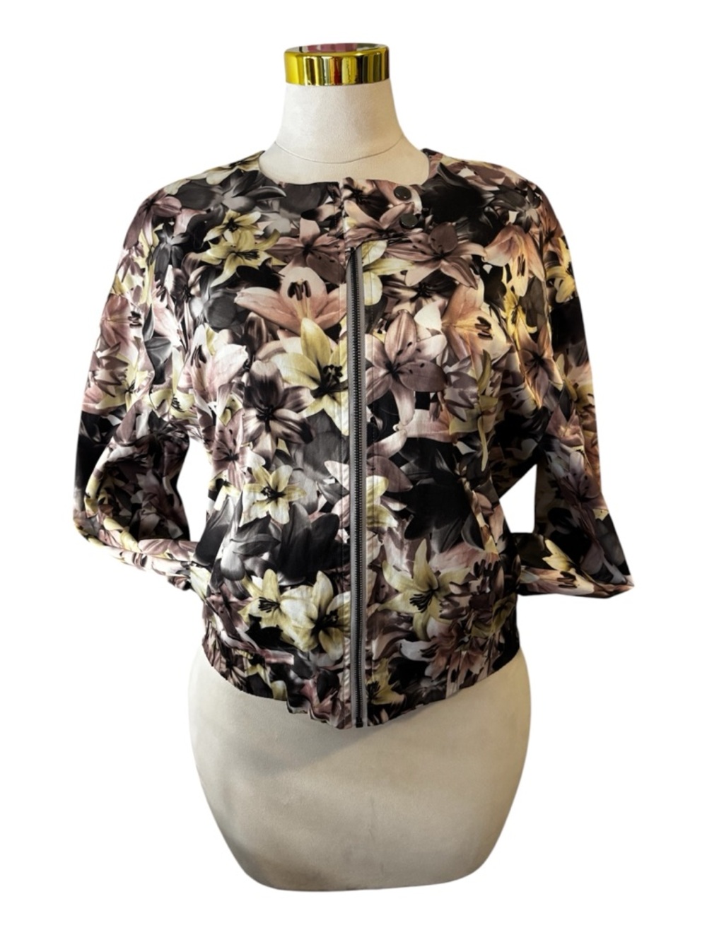 Zalando Collection Floral Satin Bomber Jacket L Black Lily Print Cropped